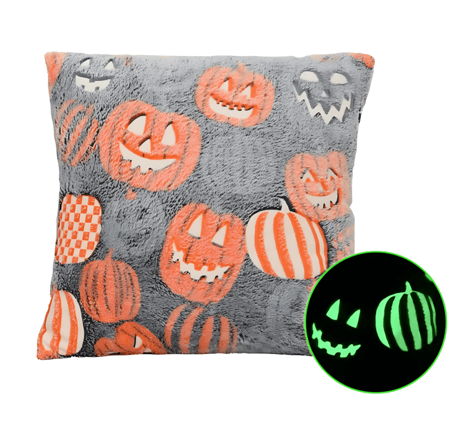 Glow in the Dark Gray Halloween pillow featuring ghost, spiderweb, and bat glow motifs

