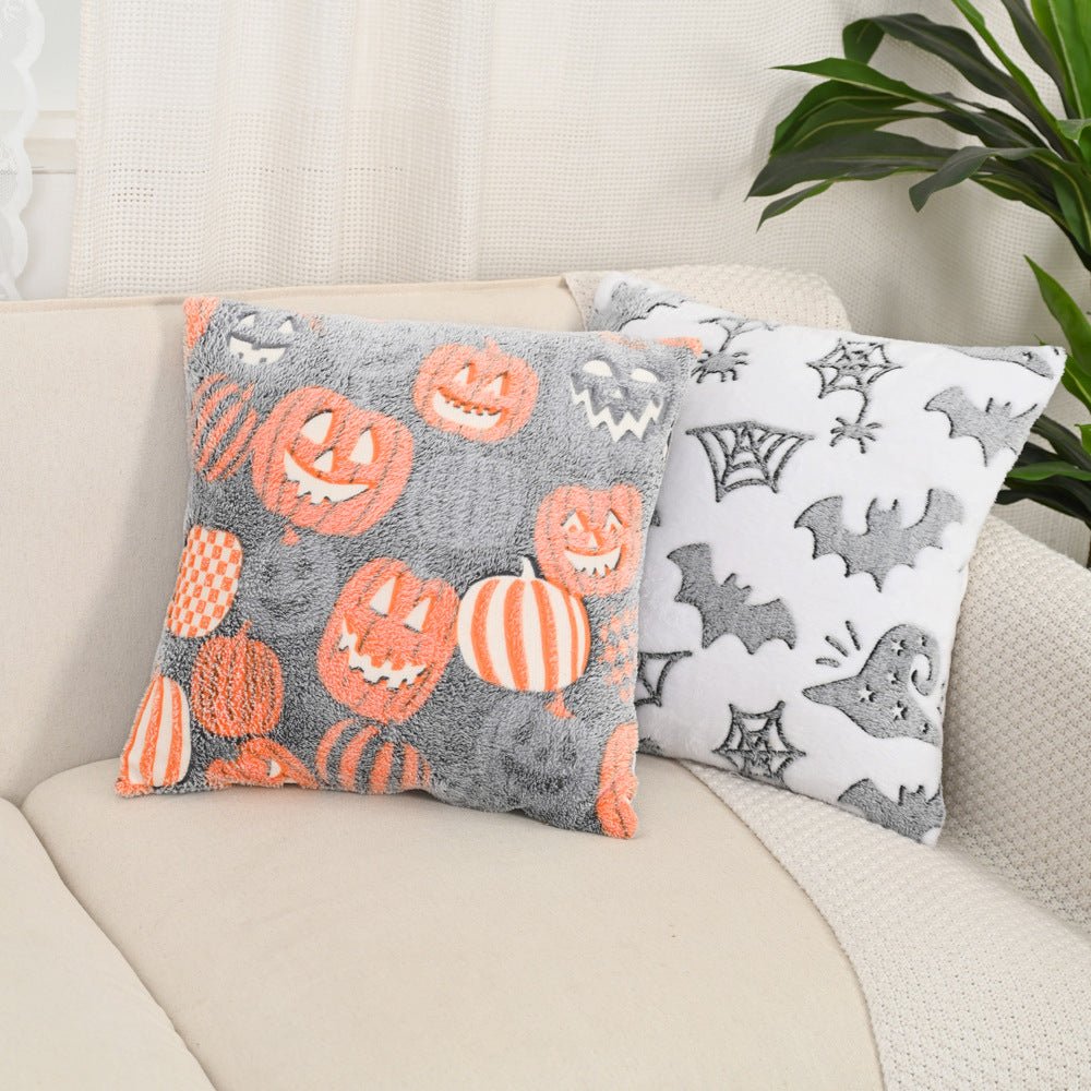 Side view of Halloween pillow showing plush stitching and sherpa fabric detail
